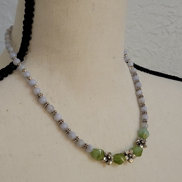 HANDMADE Blue Lace Agate Czech Glass Floral Beaded Fairycore Necklace - Picture 2 of 7